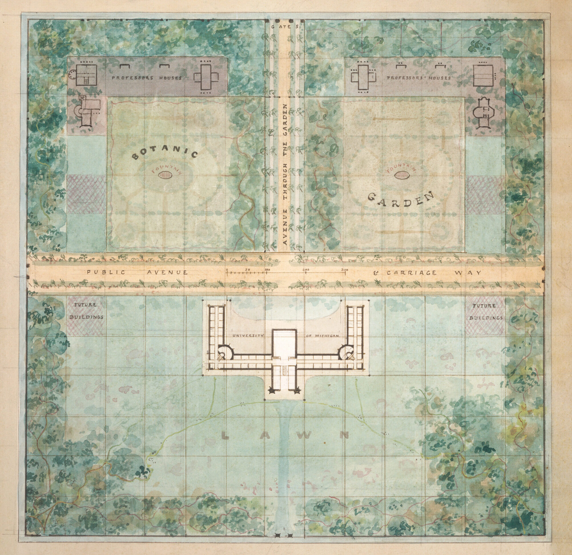 For the 40 acres that would become the Michigan Diag, Davis imagined botanic gardens on 